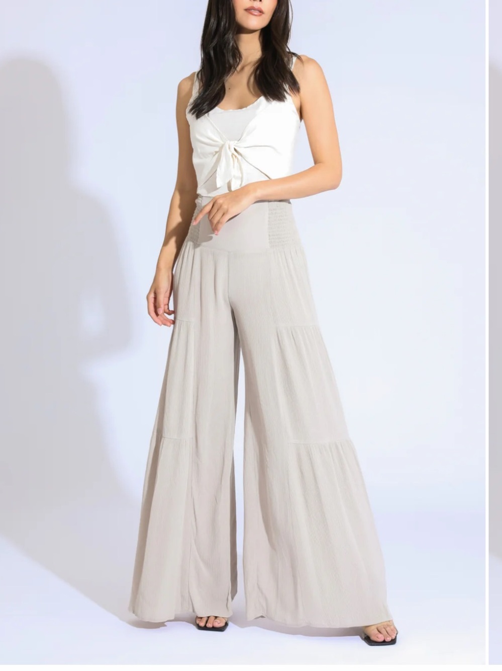 Sincerely Jules Ruffle Tiered Smocked Wide Leg Tie Back Pants Khaki S Boho